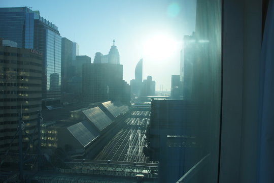 Train tracks with backlight in Toronto