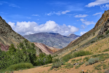 Picturesque summer mountain landscape - view from the canyon of Kyzyl Chin with multicolored clay cliffs to the Kuray Range, Altai mountains, Russia. Beauty of wild nature