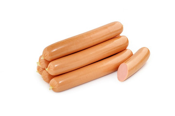 Pork sausages in an artificial shell on a white background isolated