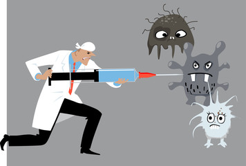 Doctor or male nurse with a syringe fighting cartoon germs, EPS 8 vector illustration