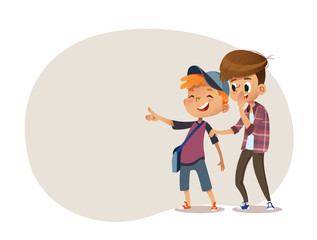 School boys and aughing and pointing at something. Bulling at school. Vector illustration