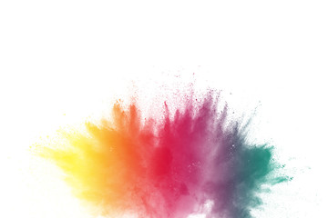 Freeze motion of colored powder explosions isolated on white background
