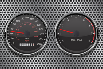 Speedometer and tachometer on metal perforated background. 50 km per hour