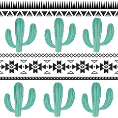 Seamless vector pattern with hand drawn Mexican cactus and tribal ornament isolated on white background