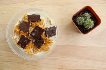 Cactus with Cornflakes, chocolate and milk on brown wood background, Top view.