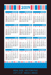 pocket calendar 2019, start on Sunday, vector