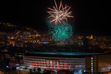 Fireworks during the festival of Aste Nagusia and San Mames football stadium in Bilbao, Basque...