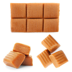 Set with delicious caramel candies on white background