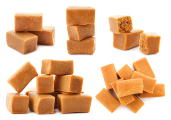 Set with delicious caramel candies on white background