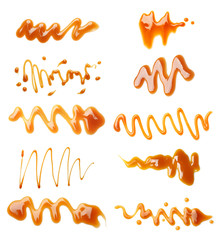 Set with delicious caramel sauce on white background, top view