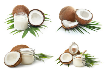 Fototapeta na wymiar Set with coconut oil on white background