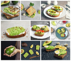 Set with different avocado sandwiches. Breakfast recipe