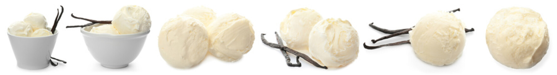 Set with vanilla pods and ice cream on white background