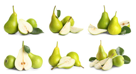 Set with tasty ripe pears on white background