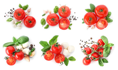 Set with delicious ripe tomatoes on white background