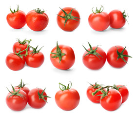 Set with delicious ripe tomatoes on white background