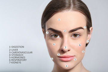Beautiful woman with perfect eyebrows on light background