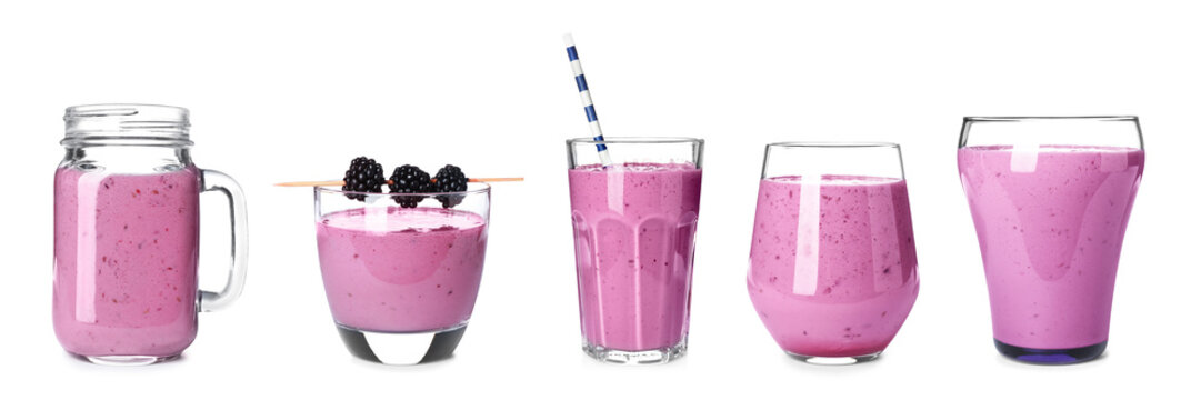 Set with blackberry smoothie on white background