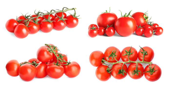 Set with delicious ripe tomatoes on white background