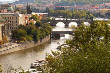 A panorama of the city with a view of the Vltava River and four bridges. Prague is the capital of the Czech Republic. © Wlodzimierz