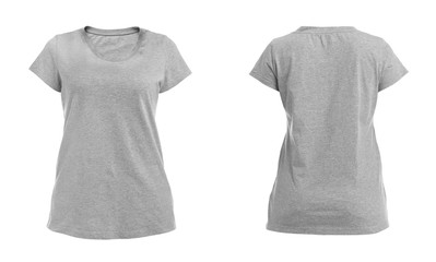 Front and back views of blank grey t-shirt on white background