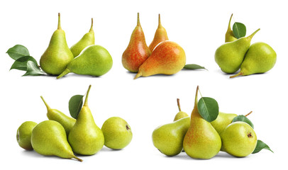 Set with tasty ripe pears on white background