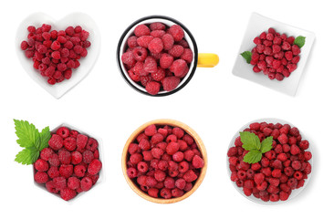 Set with raspberries on white background, top view