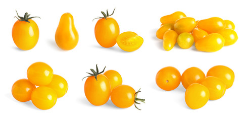 Set with delicious ripe tomatoes on white background