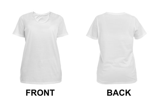 Front and back views of blank t-shirt on white background