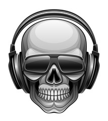 Skull in headphones and glasses on a white background