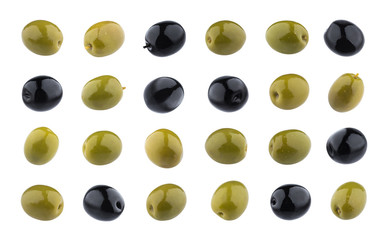 Black and green olives isolated on white background