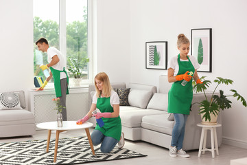 Team of professional janitors in uniform cleaning living room