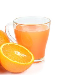 Fresh orange juice with fruits, isolated on white . Free space for text.