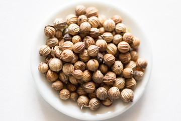 Closeup of asian spice powders cooking ingredient. One Type of Spice. One type of herbal. Spice for cooking in the dish on a white background. Top view Indian spice. Food condiment color.