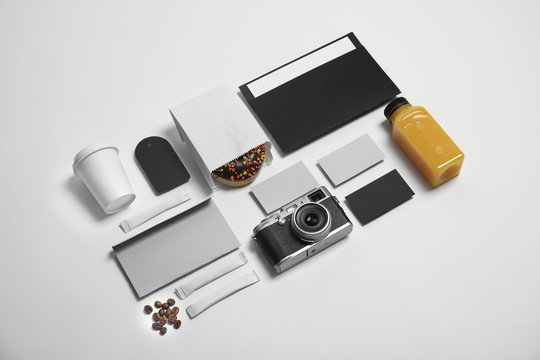 Composition with items for mock up design on light background. Food delivery service