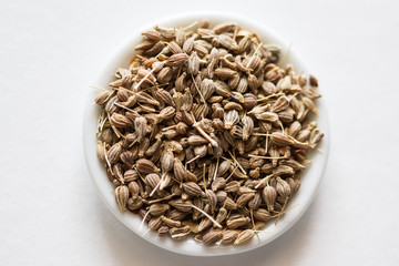 Closeup of asian spice powders cooking ingredient. One Type of Spice. One type of herbal. Spice for cooking in the dish on a white background. Top view Indian spice. Food condiment color.
