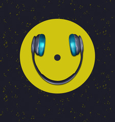 image of smiley yellow with headphones on black background