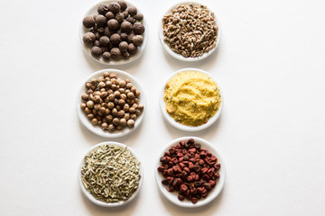 Different Types of Spices and Herbs. Collection of colorful spices. Spices and condiments for cooking on a white background. A set of spices and herbs. Food condiment spice color.