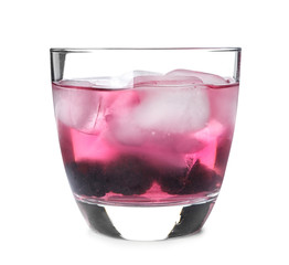 Glass with iced blackberry lemonade on white background