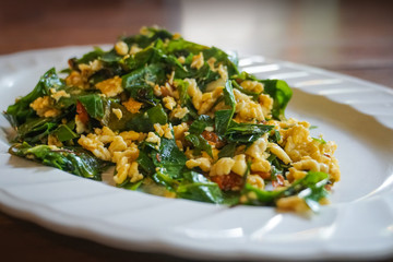 stir-fried baegu leaves with eggs thai healthy dish