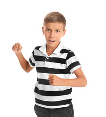 Adorable little boy in casual clothes on white background