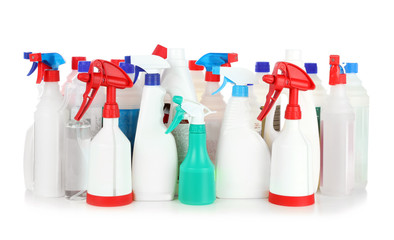 Different bottles with detergents on white background. Cleaning service