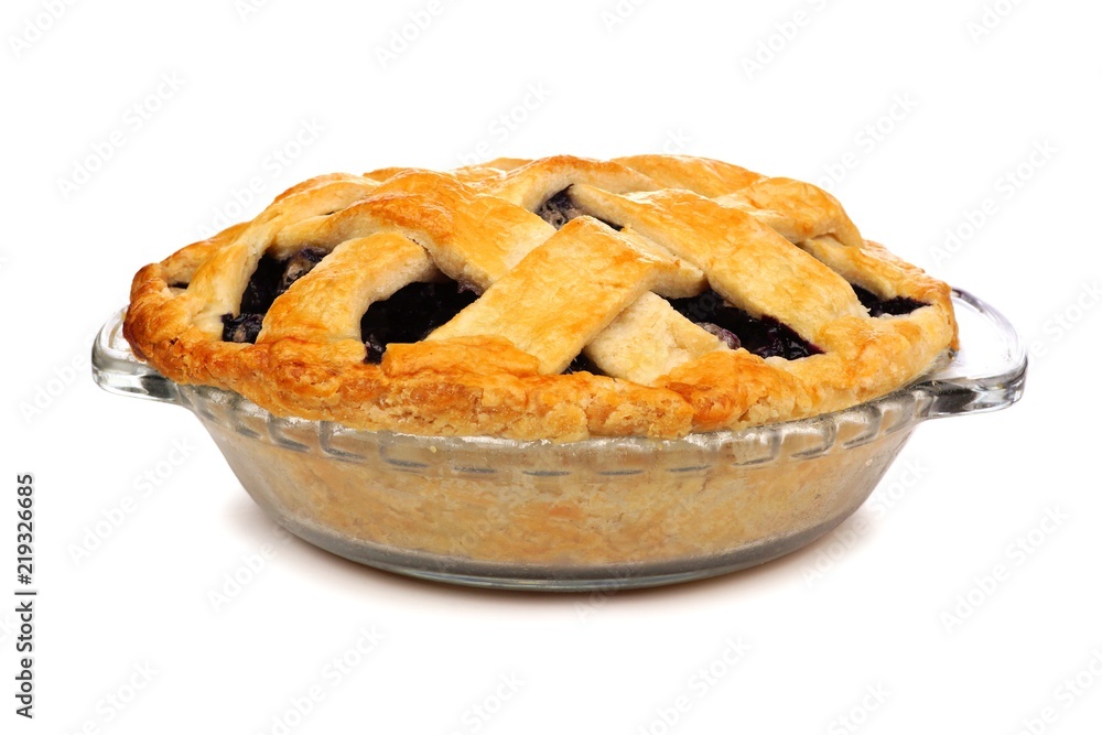 Poster homemade blueberry pie with lattice pastry isolated on a white background. side view.