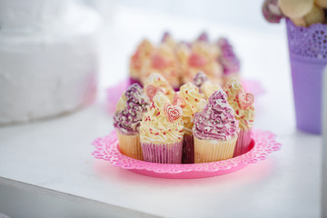 pink cupcake on the table. White background.