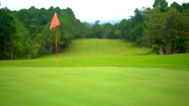 Golf sport concept, Flag in golf course blowing on sunset. It beautiful fairway and layout for playing of golfer. Green grass on green and smooth for putting. Tree in forest on sky and cloud