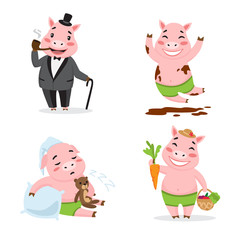 Cute pig enjoying different actions. Cartoon character set. Smoking pipe, rolling in mud, sleeping, harvesting Vector illustration can be used for kindergarten, elementary school education
