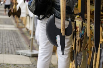 Zilina, Slovakia. 19-Jul-2018: Days of mediaeval art in Zilina. Market: Homemade toys, souveniers, candles, decorations on the market. Slovakia