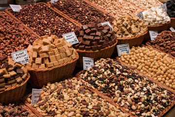 Close-up of assorted nuts in a market, Barcelona