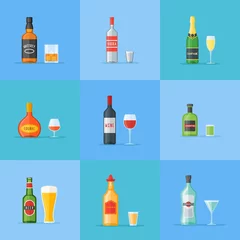 Fotobehang Set of bottles and glasses with alcohol drinks. Whiskey, vodka, cognac, wine, beer, absinthe, tequila, champagne and vermouth. Flat style icons. Vector illustration. © Octopus182