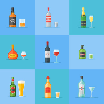 Set Of Bottles And Glasses With Alcohol Drinks. Whiskey, Vodka, Cognac, Wine, Beer, Absinthe, Tequila, Champagne And Vermouth. Flat Style Icons. Vector Illustration.